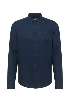 Granatowa koszula na długi rękaw na guziki, z kołnierzykiem zapinanym na guziki i małym haftowanym logo na lewej piersi.