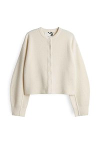 Crème-kleurige cropped cardigan, gebreide textuur, ronde hals, met zes knopen aan de voorkant en ribbelboorden bij de mouwen en onderrand.