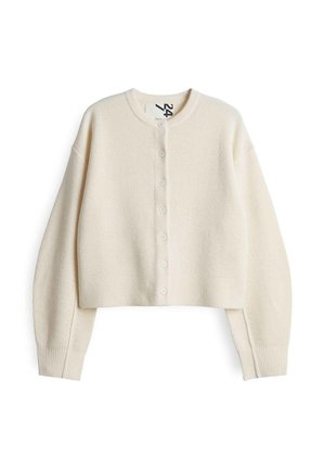 Cream-colored cropped cardigan, knit texture, round neck, with six button closures down the front and ribbed cuffs at sleeves and hem.