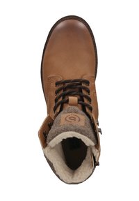 Braune Lederstiefel mit einem wollgrauen Kragen, runder Zehenform, schwarzen Schnürsenkeln und metallischen Ösen. Das Innenfutter ist aus cremefarbenem Fleece.