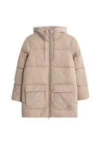 Beżowa pikowana kurtka z kapturem, z dwoma przednimi kieszeniami i zamek błyskawiczny z przodu. Charakteryzuje się pikowanym wzorem oraz regulowanymi sznurkami w okolicy szyi.