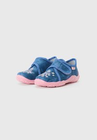 Blue fabric shoes with pink rubber soles. Features a floral design on the front and a Velcro strap for easy wearing. Soft texture overall.