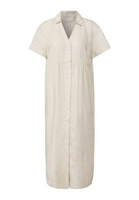 Vestito in lino beige chiaro con maniche corte, scollatura a V, chiusura frontale con bottoni e dettaglio arricciato in vita, design lungo fin sopra la caviglia.