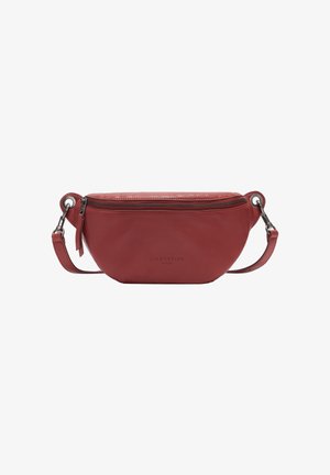 Borsa a tracolla in pelle rossa con forma curva, chiusura con zip, tracolla regolabile e logo del marchio impresso sul davanti.