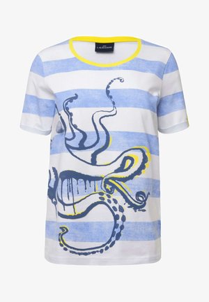 T-shirt blanc à rayures horizontales bleues et blanches, avec un design de pieuvre en bleu et jaune. Encolure ronde jaune, manches courtes.