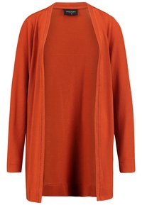 Öppen fram, långärmad cardigans i rostorange med ribbat trim runt halsringningen och ärmslut, storlek small i etiketten innanför kragen.