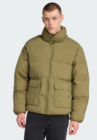 Olīvu zaļš pūkains jaciņa ar augstu apkakli, ar rāvējslēdzēju un divām priekšējām kabatām ar pogām. Gluda tekstūra, viegls dizains.