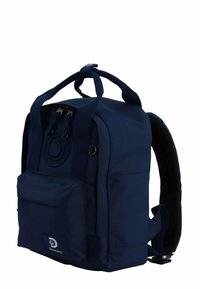 Navy blue backpack made of durable fabric, featuring a top handle, adjustable straps, a front pocket, and a zippered closure.