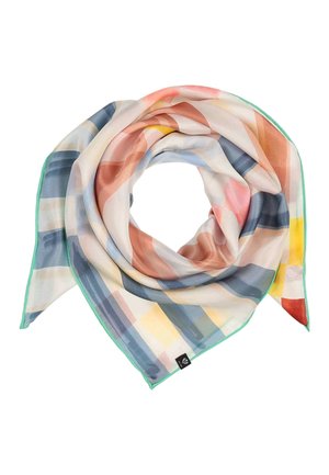 Let tørklæde med abstrakte pastelfarvede striber i orange, blå, gul og pink, kantet med lysegrøn syning, foldet i en spiral.