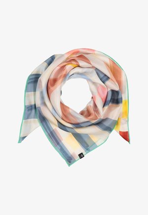 Lichte sjaal met abstracte pastelstrepen in oranje, blauw, geel en roze, afgezet met lichtgroene stiksel, opgevouwen in een draai.