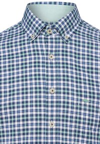 Geruite button-up shirt in blauw, groen en wit. Bevat een klassieke kraag, lichte stof textuur en een klein logo op de borstzak.
