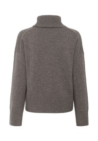 Gray knit sweater featuring a tall, ribbed turtleneck, dropped shoulders, and ribbed cuffs and hem. Soft texture with an oversized fit.