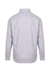 Langsleeve shirt in een lichtblauwe en roze ruitpatroon, gemaakt van geweven stof. Heeft een standaard kraag en knoopsluiten bij de manchetten.