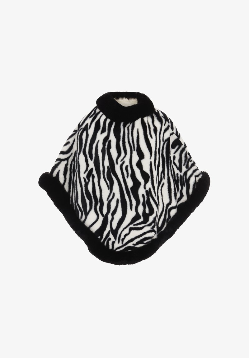 Poncho in pelliccia sintetica a stampa zebra bianca e nera, con colletto alto e texture morbida, rifinito con bordi neri per un tocco di dettaglio in più.