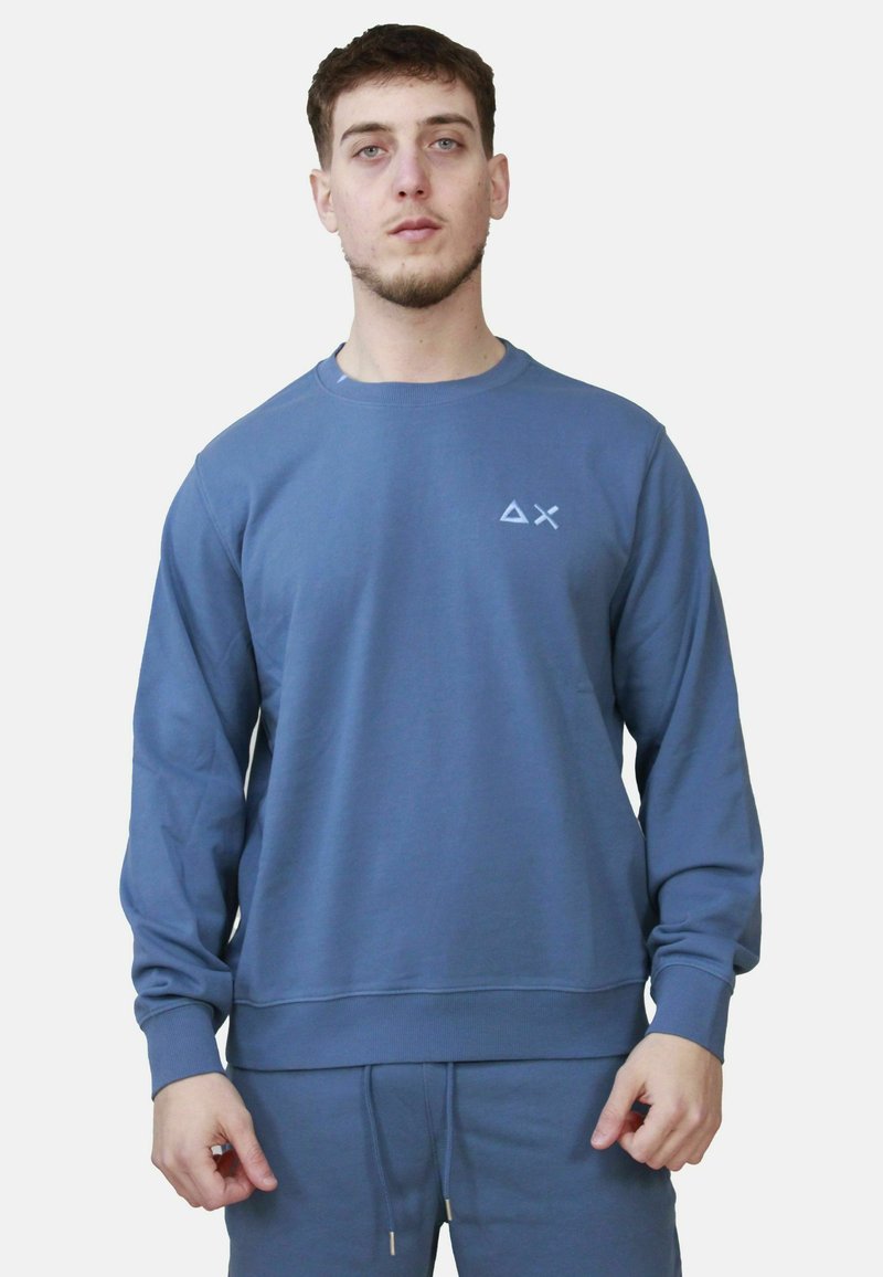 Sweatshirt blu con maniche lunghe, collo rotondo e polsini a costine, caratterizzato da una piccola grafica nell'angolo in alto a sinistra. Tessuto morbido.
