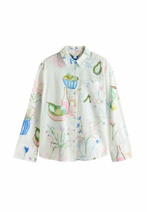 Weißes Hemd mit Knopfleiste, bedruckt mit bunten, skizzenartigen Früchten, Blumen und Flaschen, mit Brusttasche und langen Ärmeln.