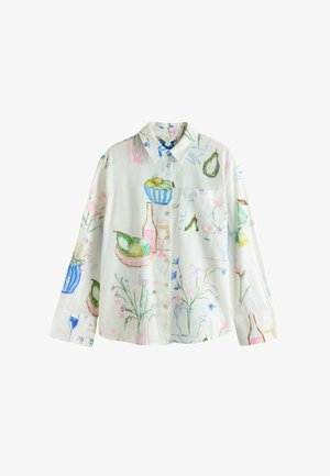 White button-up shirt with colorful sketch-style fruit, flowers, and bottles printed, featuring a chest pocket and long sleeves.