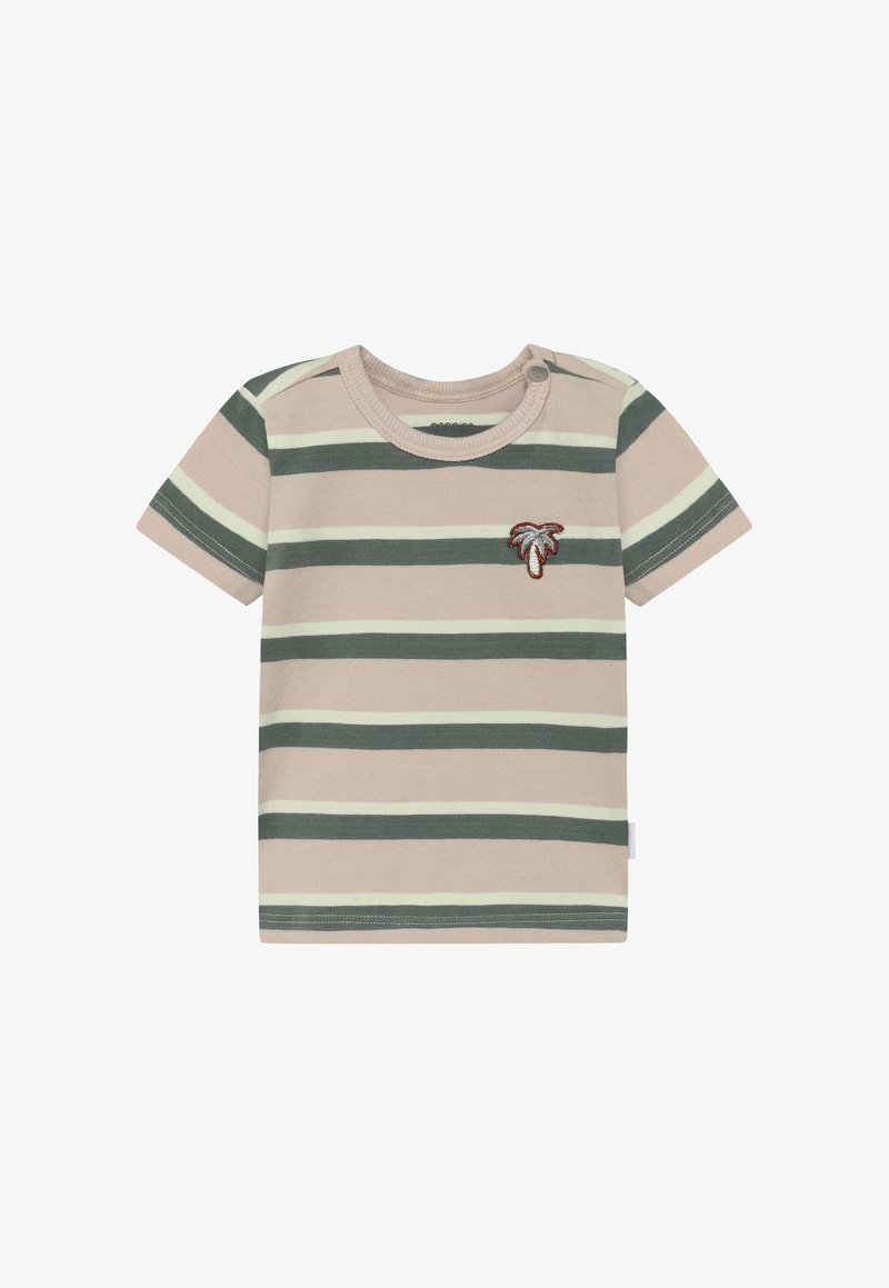 Gestreiftes Kurzarm-T-Shirt in Beige, Olivgrün und Hellgrün. Mit einer Palmenstickerei auf der Brust und Druckknopfverschluss an der Schulter.