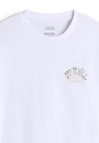 Witte katoenen t-shirt met een kleine, kleurrijke afbeelding met het woord "VANS" in een doornachtige stijl op de linkerborst.