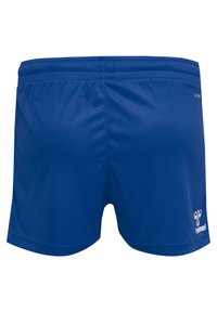 Blå sportshorts i lätt, slät tyg, med elastisk midja och en logotyp tryckt på den nedre sidan.