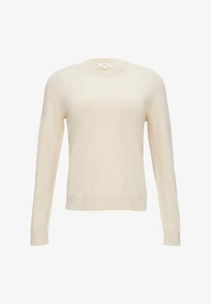 Eines cremefarbenes Langarm-Pullover mit rundem Halsausschnitt, weichem Strickmaterial, gerippten Bündchen und geradem Schnitt.