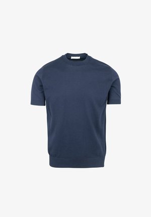 Maglione a girocollo blu navy a maniche corte realizzato in cotone liscio. Presenta polsini e orlo a coste per un look aderente. Senza fantasie né grafiche.
