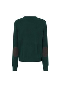 Vihreä neulepaita, jossa on pitkät hihat, pyöreä kaula-aukko ja kontrastiväri mustat kyynärpääpaikat. Pehmeä rakenne ja rento istuvuus, jossa on lyhennetty malli.