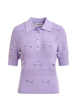 Polo a maniche corte in maglia lavanda con righe testurizzate, fiocchi in tessuto e patta con tre bottoni coordinati.