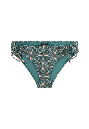 Bikinibroekje met turquoise stof, voorzien van een geometrisch patroon in koraal en marineblauw. Verstelbare zijstrikjes voor een perfecte pasvorm. Soepele textuur overal.