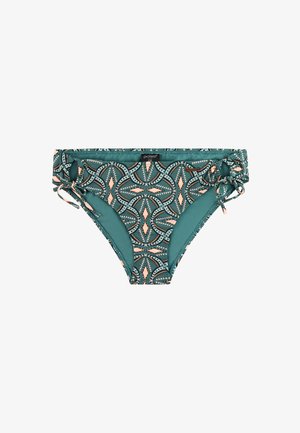 Bikinibroekje met turquoise stof, voorzien van een geometrisch patroon in koraal en marineblauw. Verstelbare zijstrikjes voor een perfecte pasvorm. Soepele textuur overal.