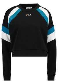Zwart cropped sweatshirt met blauw-witte diagonale strepen, zacht materiaal, ronde halslijn en geribbelde manchetten. Voorzien van FILA-logo op de borst.