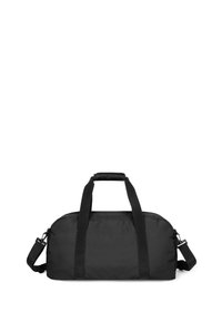 Zwarte duffeltas van duurzaam stof met een afgeronde vorm, dubbele bovenhandvatten en een verstelbare schouderriem voor veelzijdigheid.