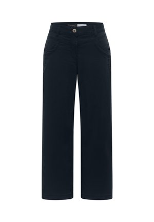 Pantalon large bleu marine foncé avec bouton avant, passants pour ceinture et poches avant incurvées, présenté sur un fond blanc.