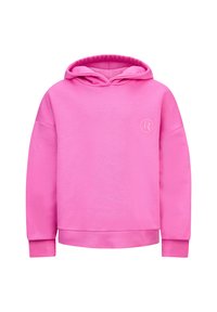 Felpa rosa con tasca frontale, cappuccio con cordino e polsini a costine. Presenta un piccolo logo sul petto e una texture liscia e morbida.