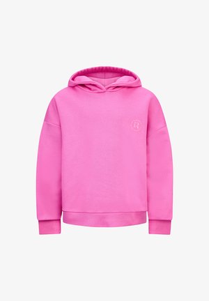Felpa rosa con tasca frontale, cappuccio con cordino e polsini a costine. Presenta un piccolo logo sul petto e una texture liscia e morbida.