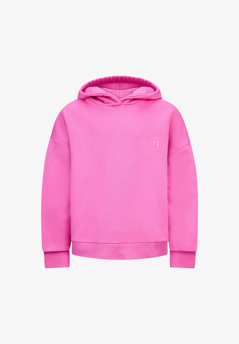 Felpa rosa con tasca frontale, cappuccio con cordino e polsini a costine. Presenta un piccolo logo sul petto e una texture liscia e morbida.