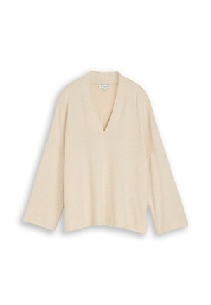 TOM TAILOR, TOM TAILOR T-SHIRT COSY LANGARMSHIRT MIT V-AUSSCHNITT - Strickpullover - whisper offwhite melange