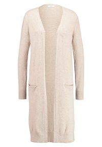 Beige langärmlige Strickjacke aus weichem Strickmaterial, mit offenem Frontbereich, zwei vorderen Taschen und gerippten Säumen und Bündchen.