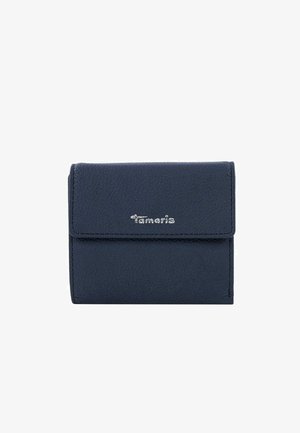Portefeuille compact en cuir bleu foncé avec fermeture à rabat et logo argenté de la marque Tamaris centré sur le devant.