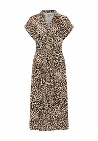 Leopardmönstrad klänning i lätt tyg. Har en omslagdesign, korta ärmar, ett bälte i midjan och en knälång fåll.