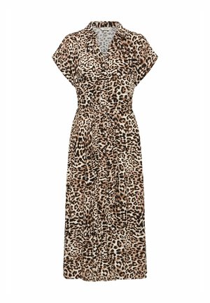 Robe imprimée léopard en tissu léger. Dotée d'un design croisé, de manches courtes, d'une taille ceinturée et d'un ourlet à hauteur du genou.