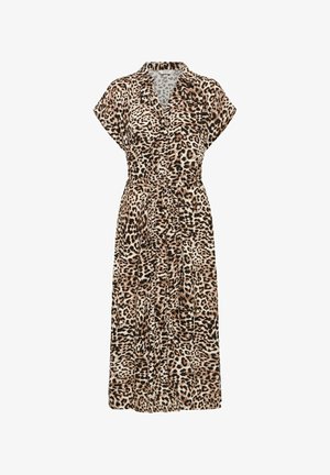 Leopardimustriga kleit kergest kangast. Omab ümber keeratud disaini, lühikesi varrukaid, vööd ja põlve pikkuse eest.