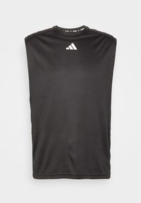 Débardeur de sport noir avec un logo Adidas blanc centré sous l'encolure dans le dos.
