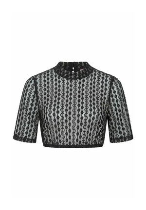 Czarny krótki top z koronki z krótkimi rękawami, wysokim kołnierzem i pionowym geometrycznym wzorem na przezroczystej tkaninie.