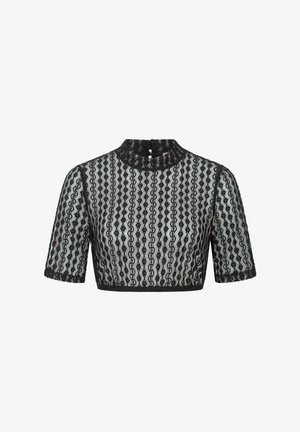 Black lace cropped top with short sleeves, high neck, and vertical geometric pattern on sheer fabric.