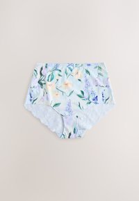 High-waisted floral underwear with pastel yellow and purple flowers and white lace trim on leg openings against a light beige background.