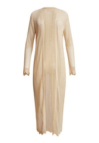 Beige offener Strick langer Cardigan mit langen Ärmeln, der ein lockeres, fließendes Design und gewellte Kanten an den Ärmelabschlüssen aufweist.