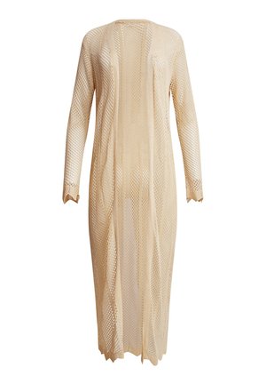 Beige open-knit lange cardigan met lange mouwen, met een losse, vloeiende uitstraling en een gegolfde rand aan de mouwzoom.