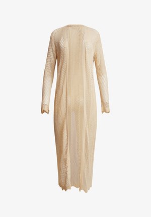 Beige open-knit long cardigan with long sleeves, featuring a loose, flowy design and scalloped edges at sleeve hems.