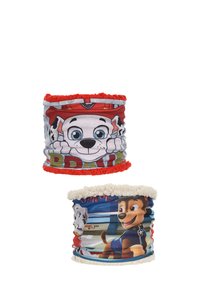 Due gaiter per collo in tessuto con design di cani cartoni animati. Il primo ha un cane rosso e bianco con occhi blu, mentre il secondo mostra due cani in una scena.